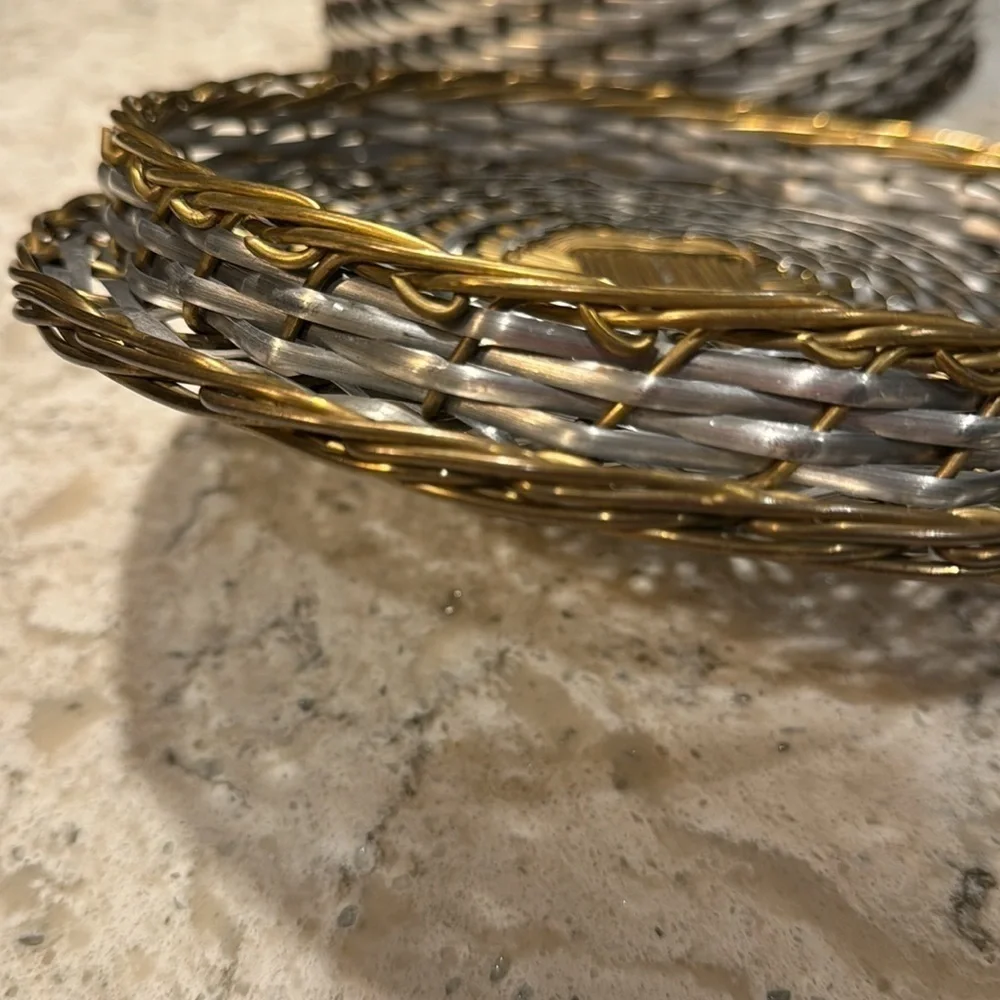 VINTAGE~MCM~INTRICATELY WOVEN~METAL~LIDDED BASKET~SILVER & BRASS TONES~G2MC**
